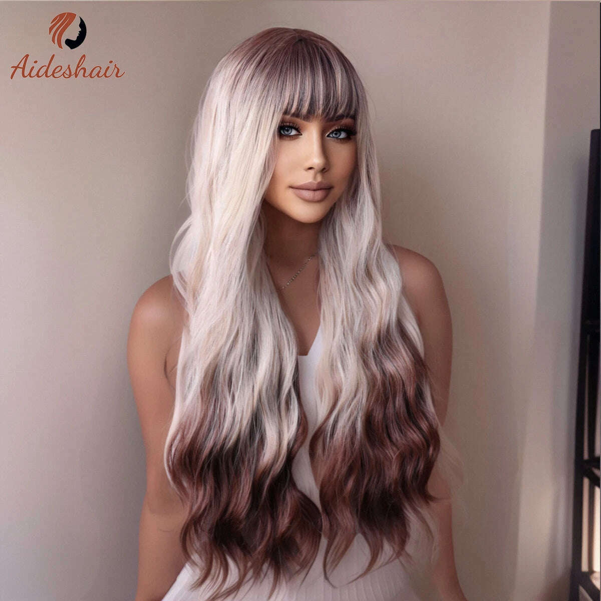 KIMLUD, Silver-ash highlights Straight bangs Long wavy wig for women's wig Synthetic Heat resistant fiber Daily Cosplay (28 inches), KIMLUD Womens Clothes