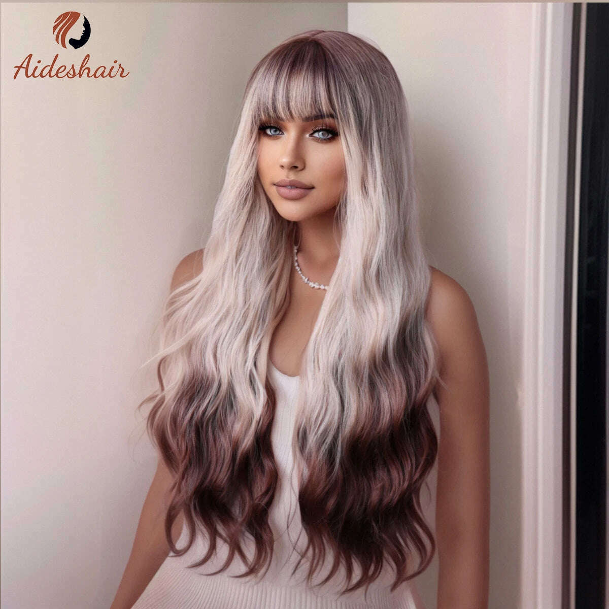 KIMLUD, Silver-ash highlights Straight bangs Long wavy wig for women's wig Synthetic Heat resistant fiber Daily Cosplay (28 inches), KIMLUD Womens Clothes