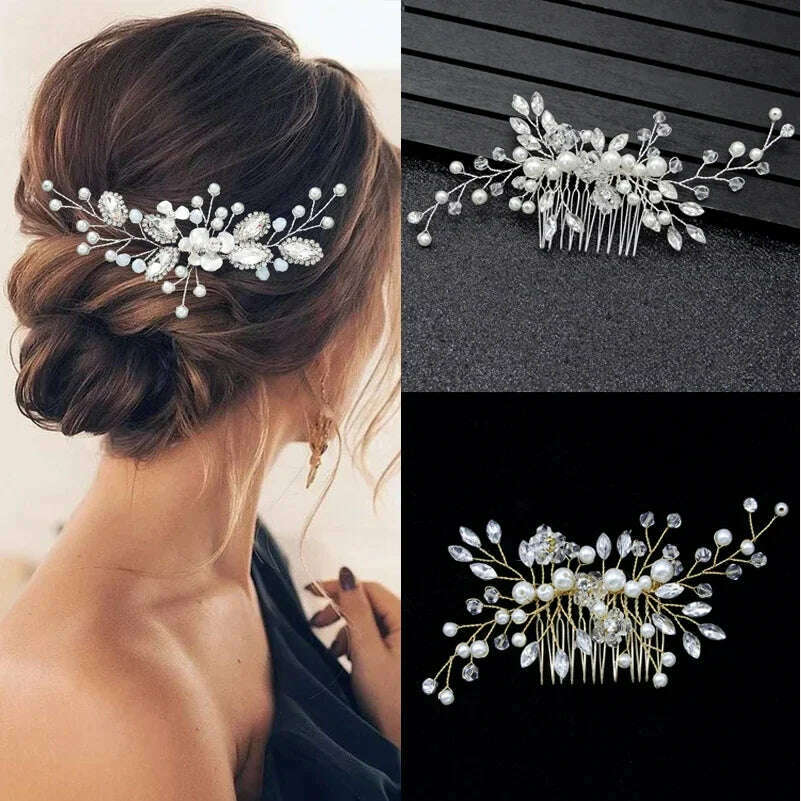 KIMLUD, Silver Color Pearl Rhinestone Wedding Hair Combs Hair Accessories for Women Accessories Hair Ornaments Jewelry Bridal Headpiece, KIMLUD Womens Clothes