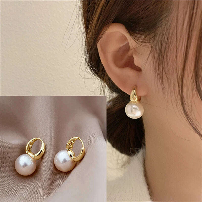 Silver Color Pearl Studs Hoop Earrings for Women Gold Color Eardrop Minimalist Hoops Wedding Fashion Jewelry Dropshipping - KIMLUD