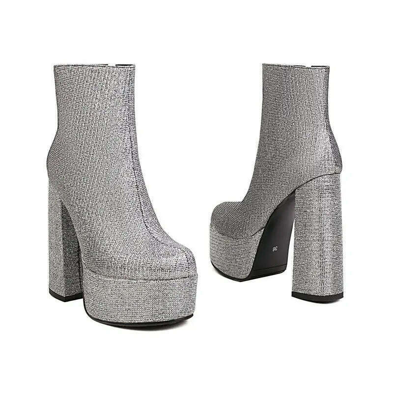 KIMLUD, Silver Glitter Bling Bling Green Platform Ankle Booties Western Sexy Block High Heels Womens Winter Wedding Bridal Chelsea Boots, KIMLUD Womens Clothes