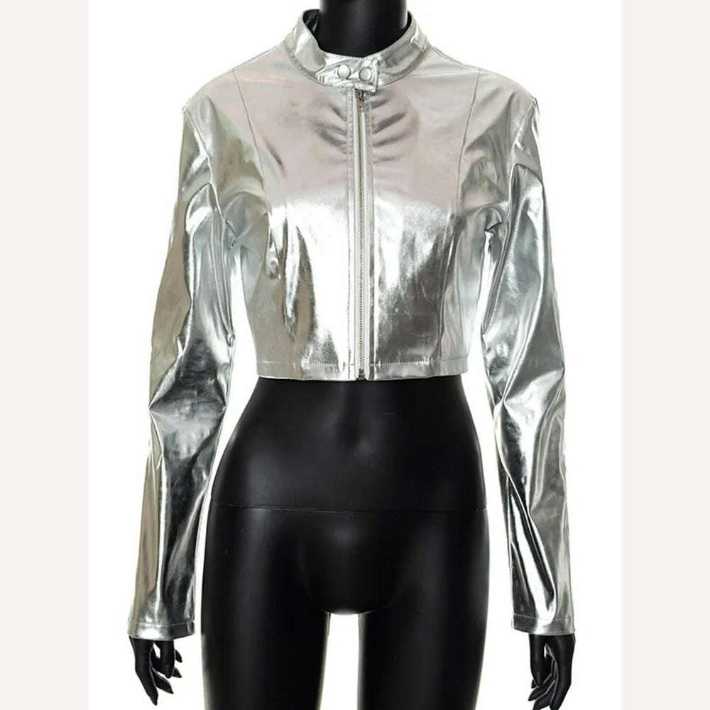 Silver Metallic Bomber PU Faux Leather Jackets for Women 2022 Autumn Streetwear Fashion Zip Up Cropped Coats Outwear, Silver / S, KIMLUD Women's Clothes