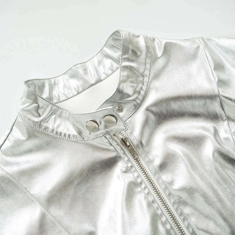 Silver Metallic Bomber PU Faux Leather Jackets for Women 2022 Autumn Streetwear Fashion Zip Up Cropped Coats Outwear, KIMLUD Women's Clothes