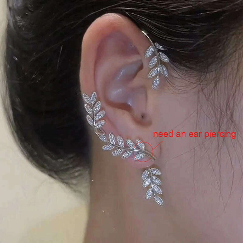 KIMLUD, Silver Plated Metal Leaf Butterfly Clip Earrings for Women Ear Clips Without Piercing Sparkling Zircon Ear Cuff Fashion Jewelry, Silver-Right ear 1, KIMLUD Women's Clothes