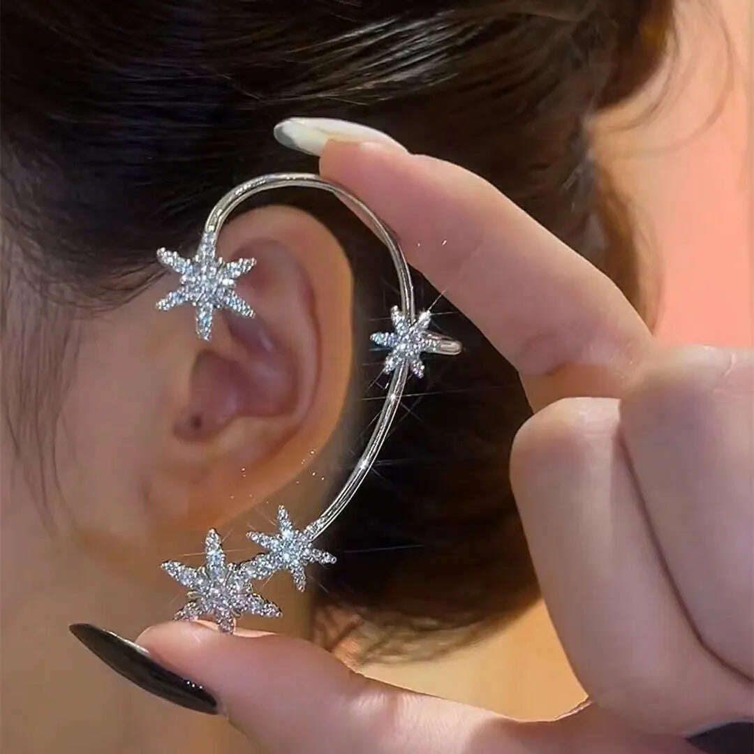 KIMLUD, Silver Plated Metal Leaf Butterfly Clip Earrings for Women Ear Clips Without Piercing Sparkling Zircon Ear Cuff Fashion Jewelry, Silver-Left ear 4, KIMLUD Womens Clothes