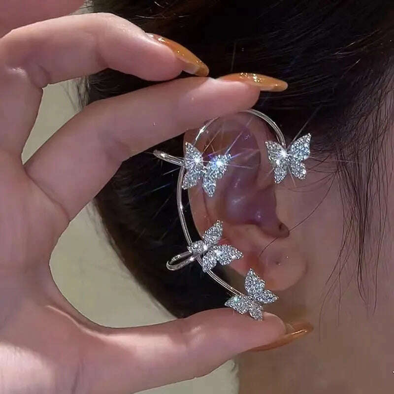 KIMLUD, Silver Plated Metal Leaf Butterfly Clip Earrings for Women Ear Clips Without Piercing Sparkling Zircon Ear Cuff Fashion Jewelry, Silver-Right ear, KIMLUD Women's Clothes