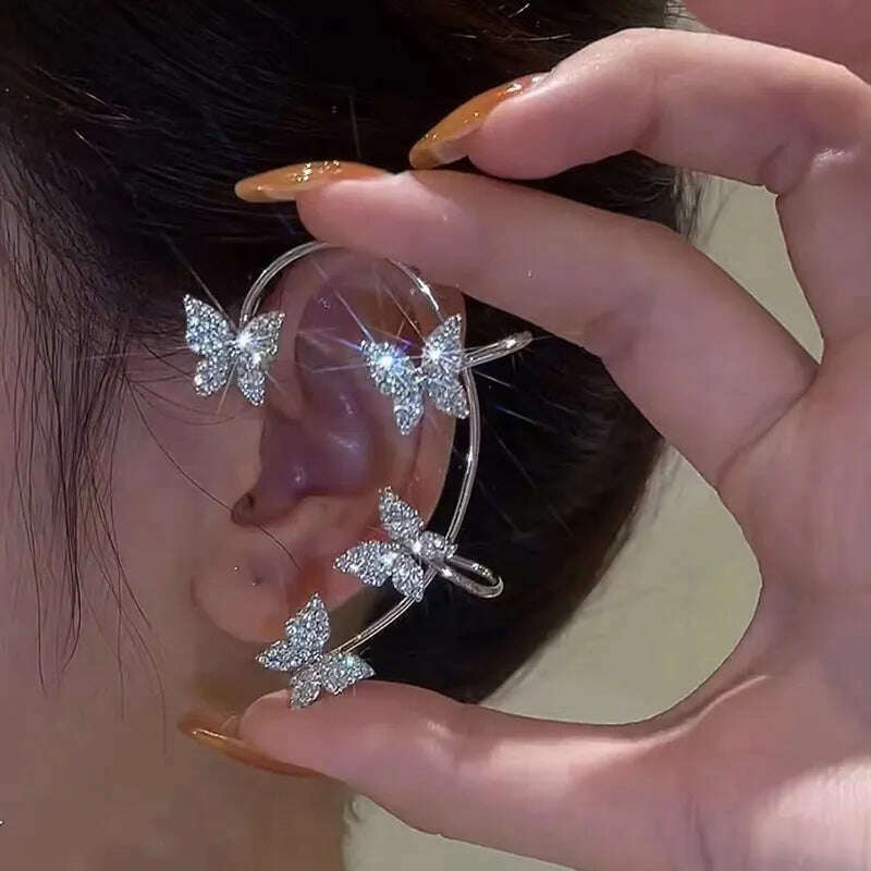 KIMLUD, Silver Plated Metal Leaf Butterfly Clip Earrings for Women Ear Clips Without Piercing Sparkling Zircon Ear Cuff Fashion Jewelry, Silver-Left ear, KIMLUD Womens Clothes