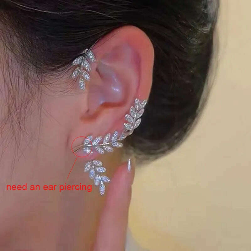 KIMLUD, Silver Plated Metal Leaf Butterfly Clip Earrings for Women Ear Clips Without Piercing Sparkling Zircon Ear Cuff Fashion Jewelry, Silver-Left ear 1, KIMLUD Women's Clothes