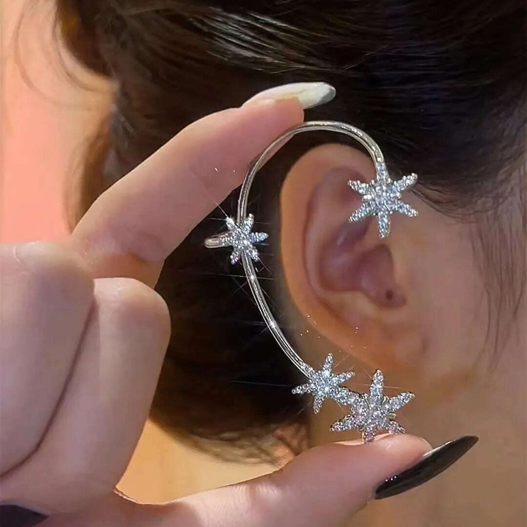KIMLUD, Silver Plated Metal Leaf Butterfly Clip Earrings for Women Ear Clips Without Piercing Sparkling Zircon Ear Cuff Fashion Jewelry, Silver-Right ear 4, KIMLUD Women's Clothes