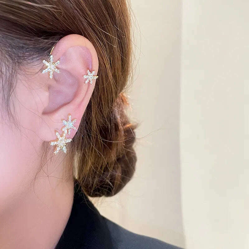 KIMLUD, Silver Plated Metal Leaf Butterfly Clip Earrings for Women Ear Clips Without Piercing Sparkling Zircon Ear Cuff Fashion Jewelry, Gold-Left ear 4, KIMLUD Women's Clothes