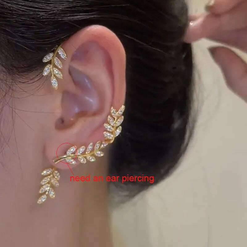 KIMLUD, Silver Plated Metal Leaf Butterfly Clip Earrings for Women Ear Clips Without Piercing Sparkling Zircon Ear Cuff Fashion Jewelry, Gold-Left ear 1, KIMLUD Women's Clothes