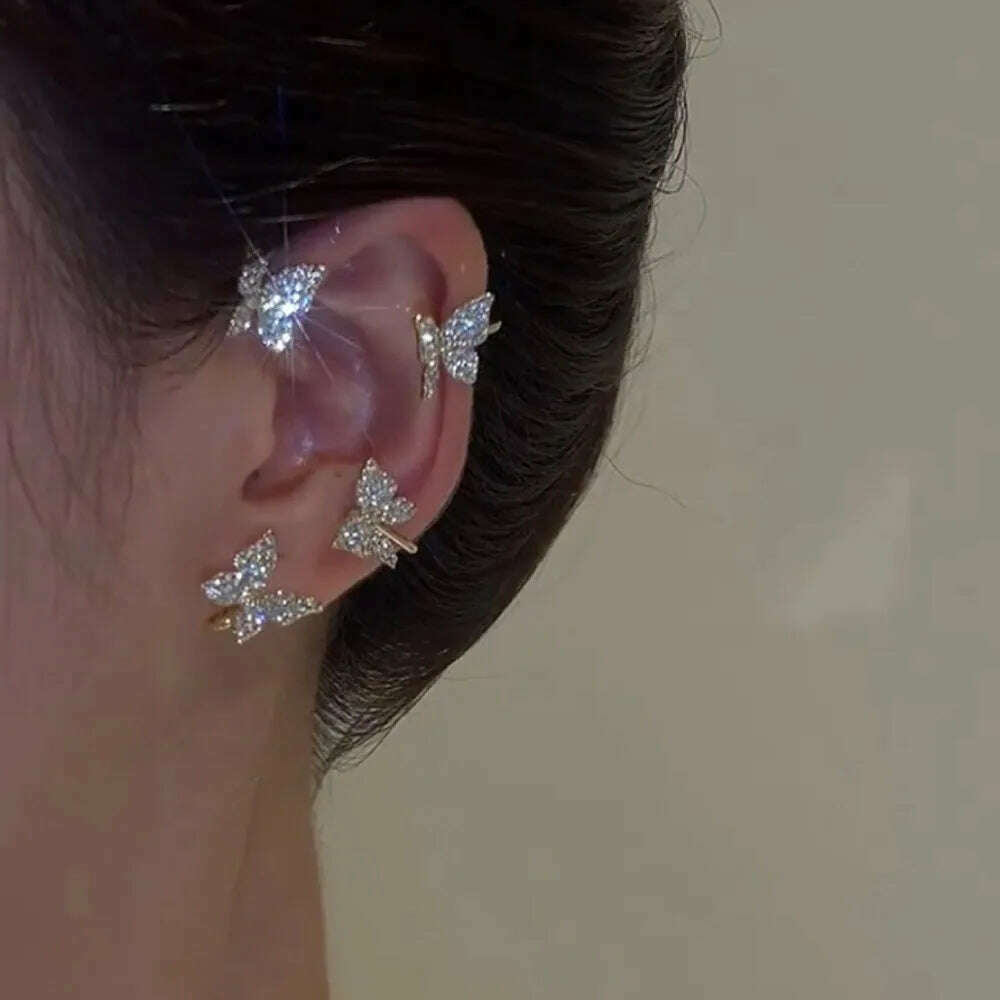 KIMLUD, Silver Plated Metal Leaf Butterfly Clip Earrings for Women Ear Clips Without Piercing Sparkling Zircon Ear Cuff Fashion Jewelry, KIMLUD Women's Clothes