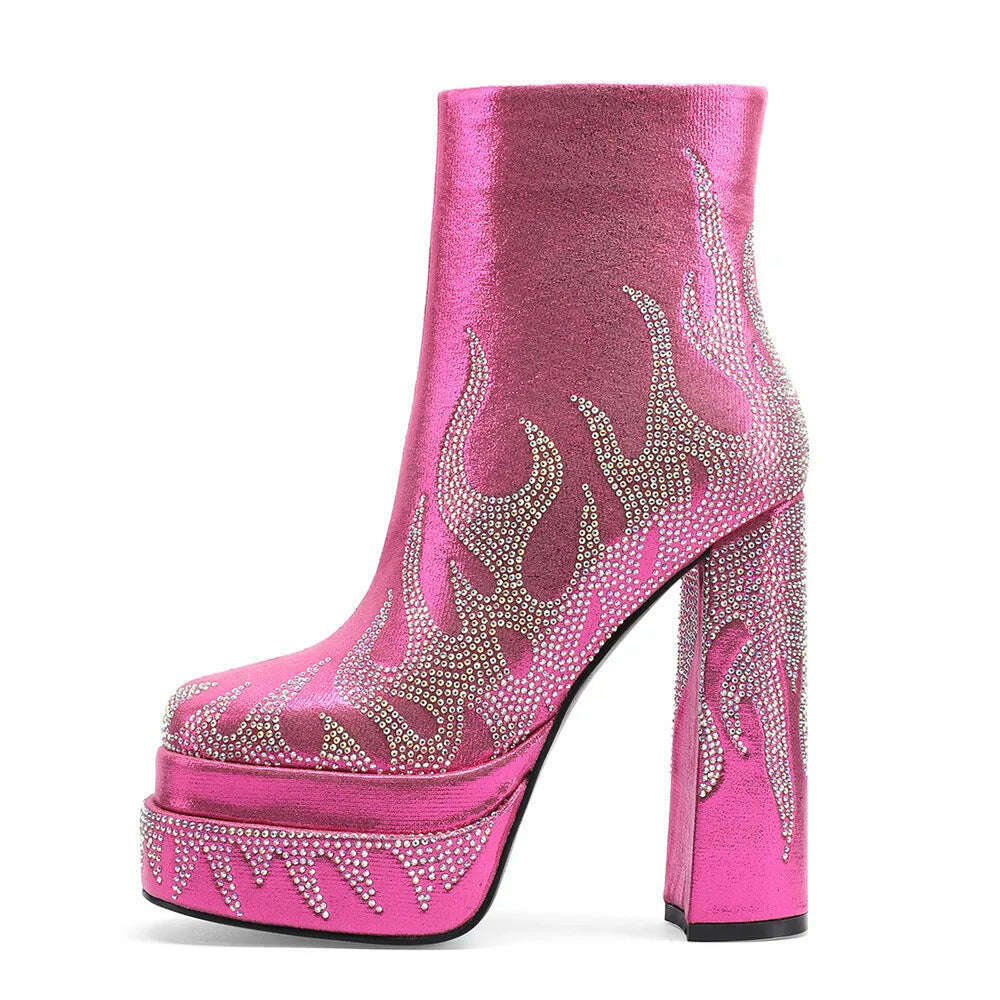 KIMLUD, Silvery Women Ankle Boots for Woman Round Toe Thick Bottom Crude Heel Platform Botas Mujer Luxury Flame Rhinestone Party Shoes, KIMLUD Womens Clothes