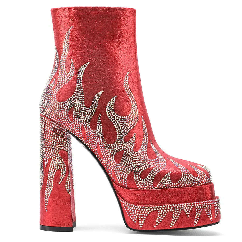 KIMLUD, Silvery Women Ankle Boots for Woman Round Toe Thick Bottom Crude Heel Platform Botas Mujer Luxury Flame Rhinestone Party Shoes, KIMLUD Womens Clothes