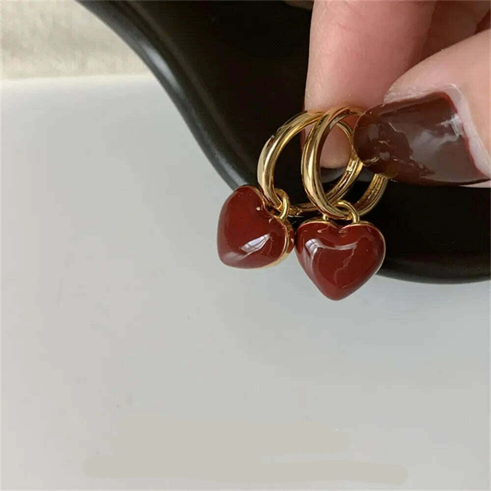 KIMLUD, Simple Design Wine Red Love Heart Dangle Earrings For Women Gold Color Circle Vintage Peach Drop Earring Can Be Separated N513, KIMLUD Women's Clothes