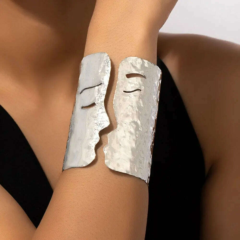 KIMLUD, Simple Exaggerated Wide Open Armlet Bracelet Gold/Silver Adjustable Cuff Bangle Side Face Irregular Metal Bracelet Women, KIMLUD Womens Clothes