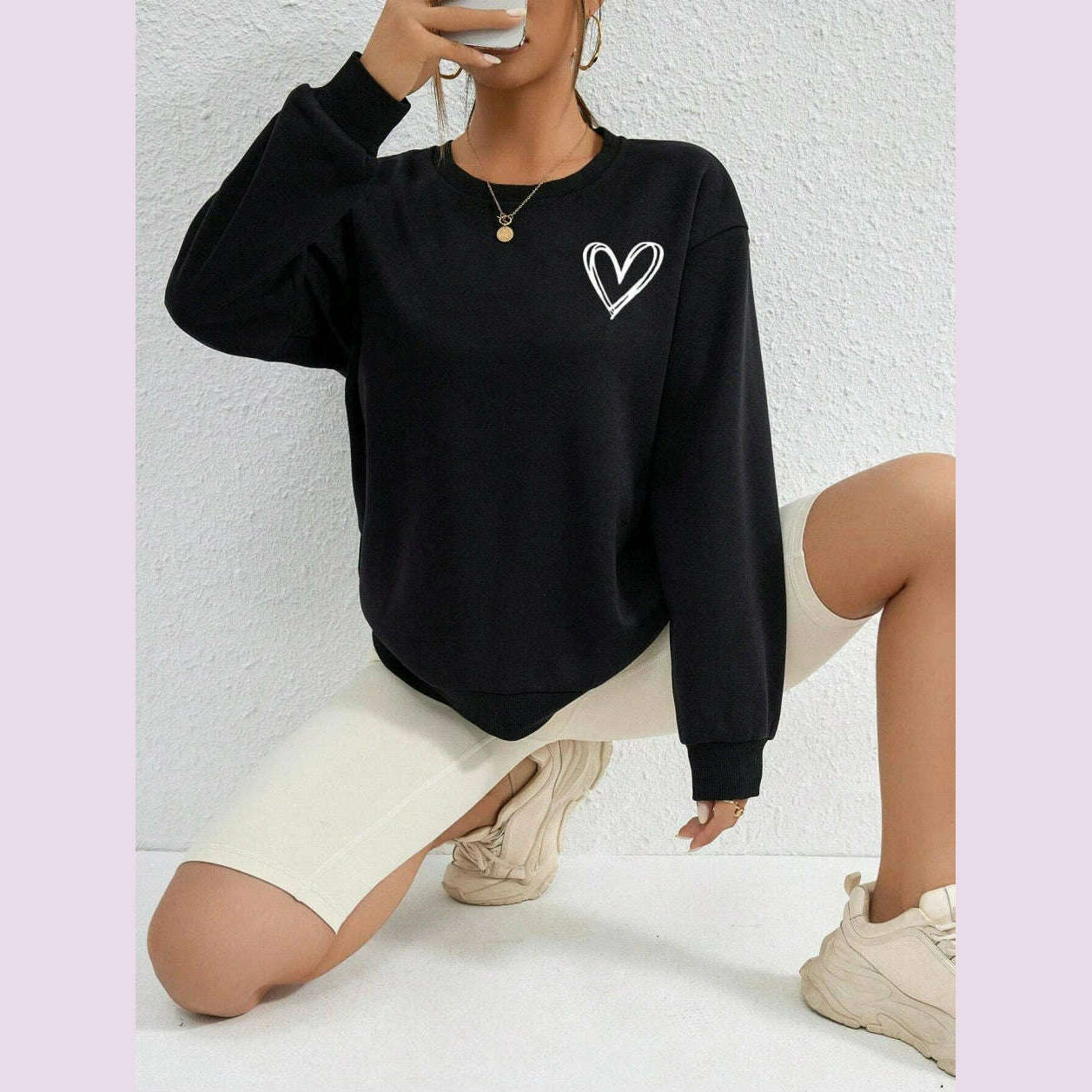 Simple Heart Pattern Printing Sweatshirts For Womens Casual Comfortable Crewneck Hoodies Loose Fleece Warm Sportswear Clothes - KIMLUD