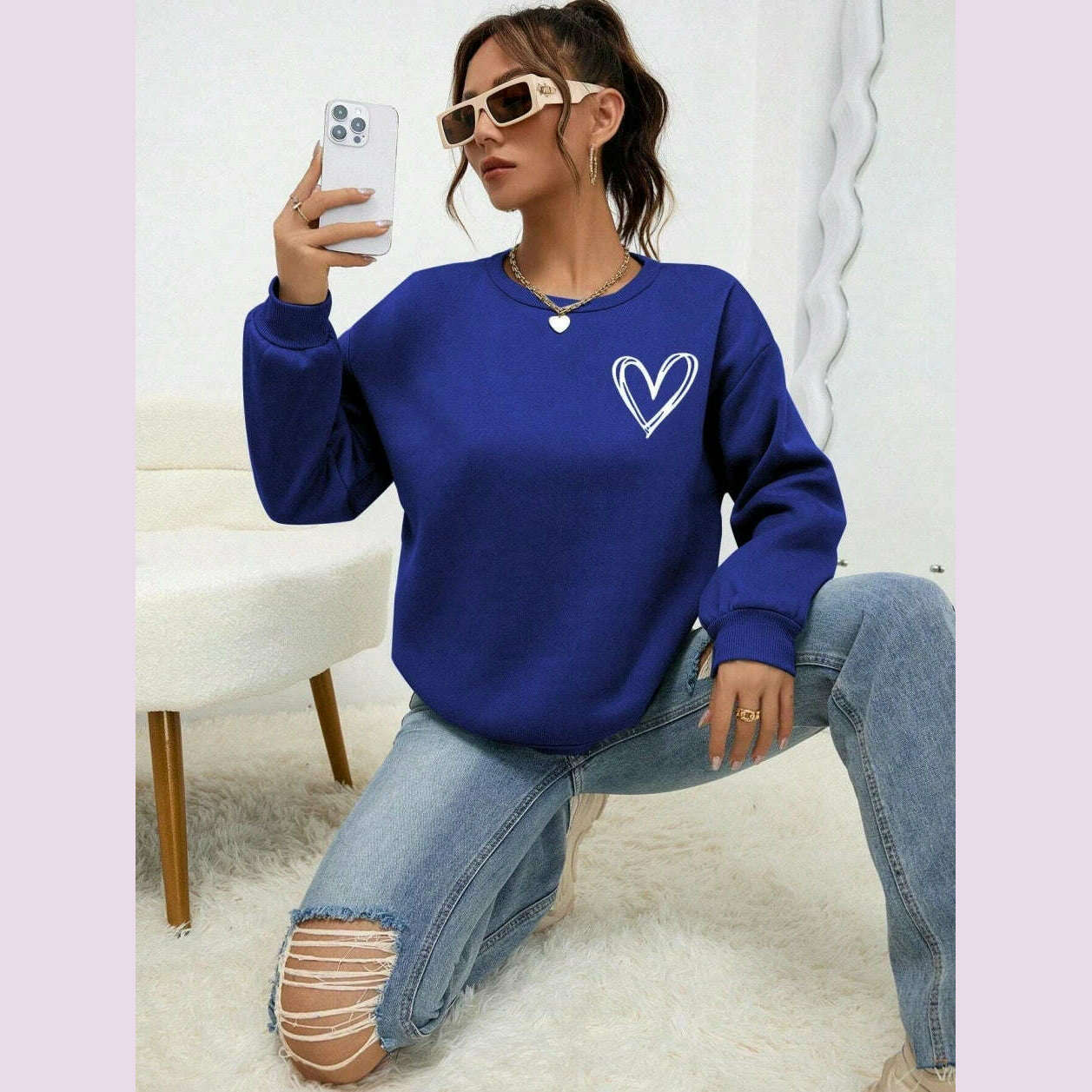 Simple Heart Pattern Printing Sweatshirts For Womens Casual Comfortable Crewneck Hoodies Loose Fleece Warm Sportswear Clothes - KIMLUD