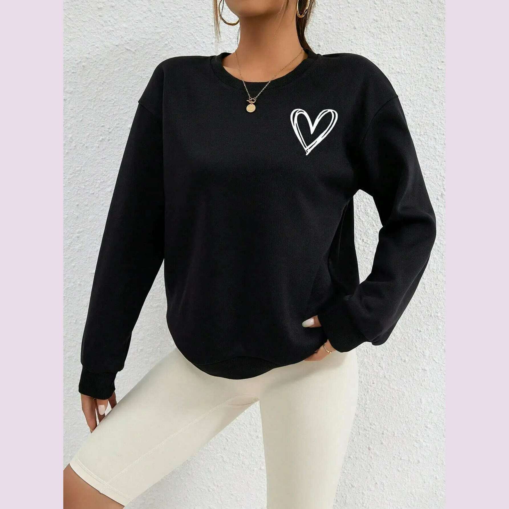 Simple Heart Pattern Printing Sweatshirts For Womens Casual Comfortable Crewneck Hoodies Loose Fleece Warm Sportswear Clothes - KIMLUD