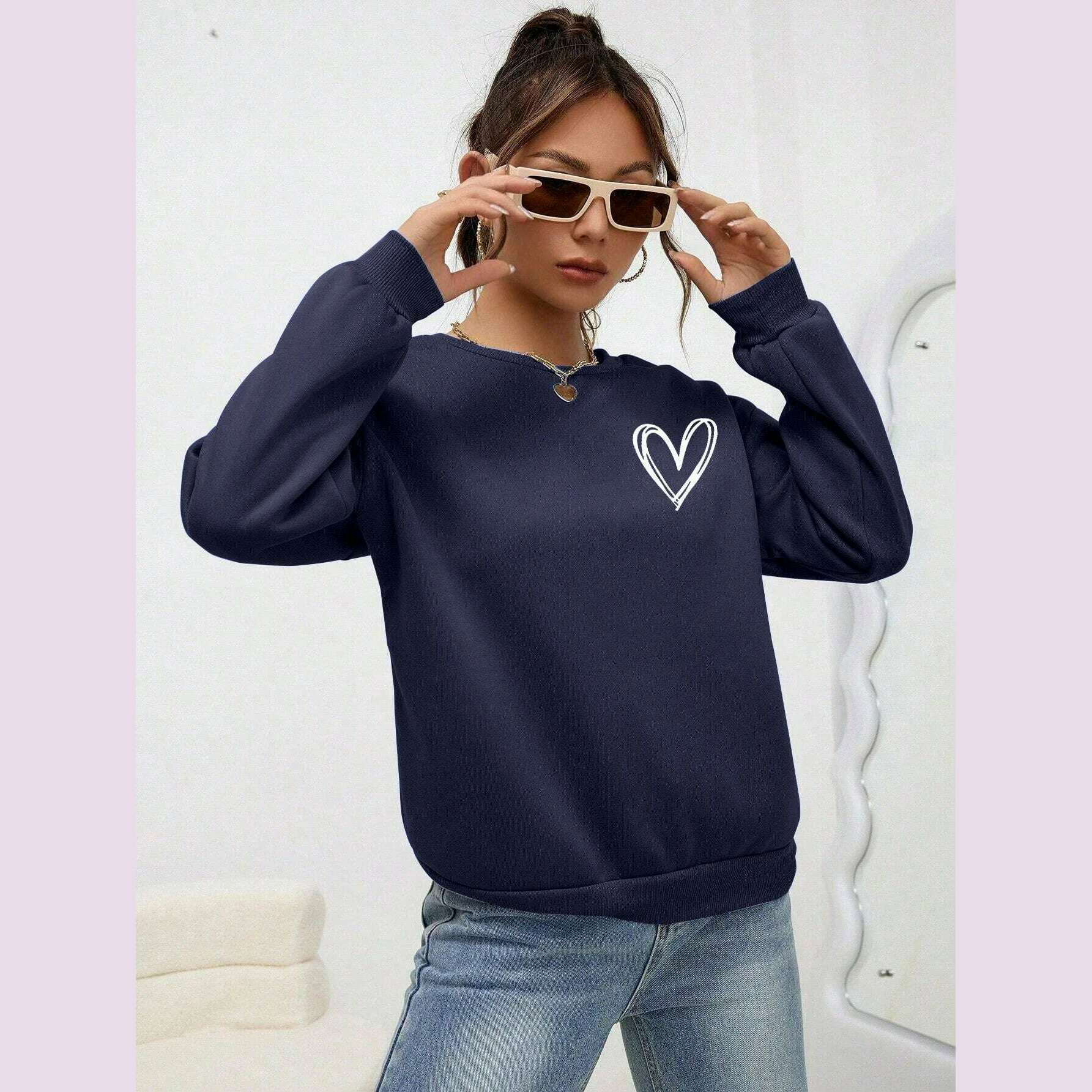 Simple Heart Pattern Printing Sweatshirts For Womens Casual Comfortable Crewneck Hoodies Loose Fleece Warm Sportswear Clothes - KIMLUD