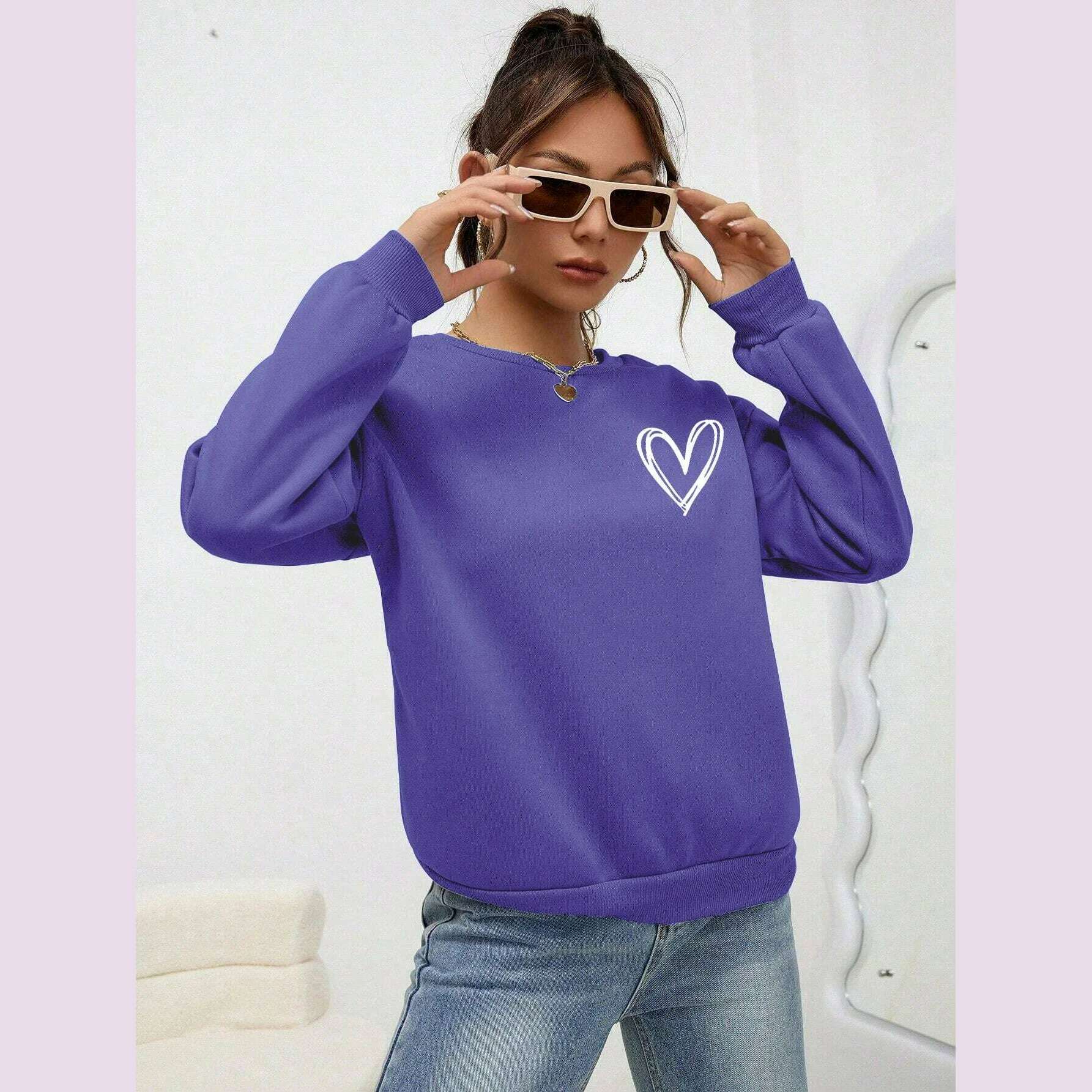 Simple Heart Pattern Printing Sweatshirts For Womens Casual Comfortable Crewneck Hoodies Loose Fleece Warm Sportswear Clothes - KIMLUD