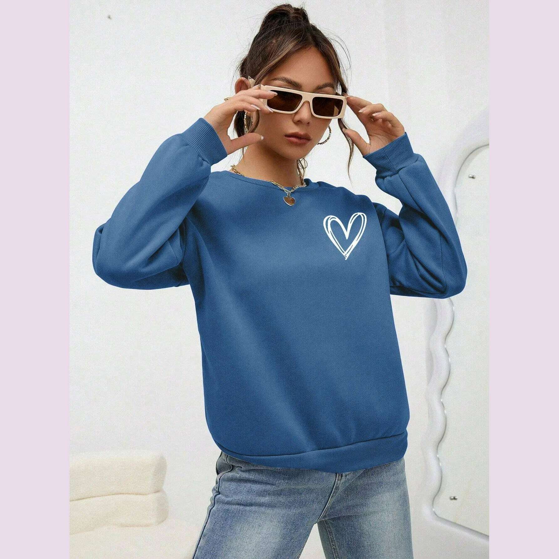Simple Heart Pattern Printing Sweatshirts For Womens Casual Comfortable Crewneck Hoodies Loose Fleece Warm Sportswear Clothes - KIMLUD