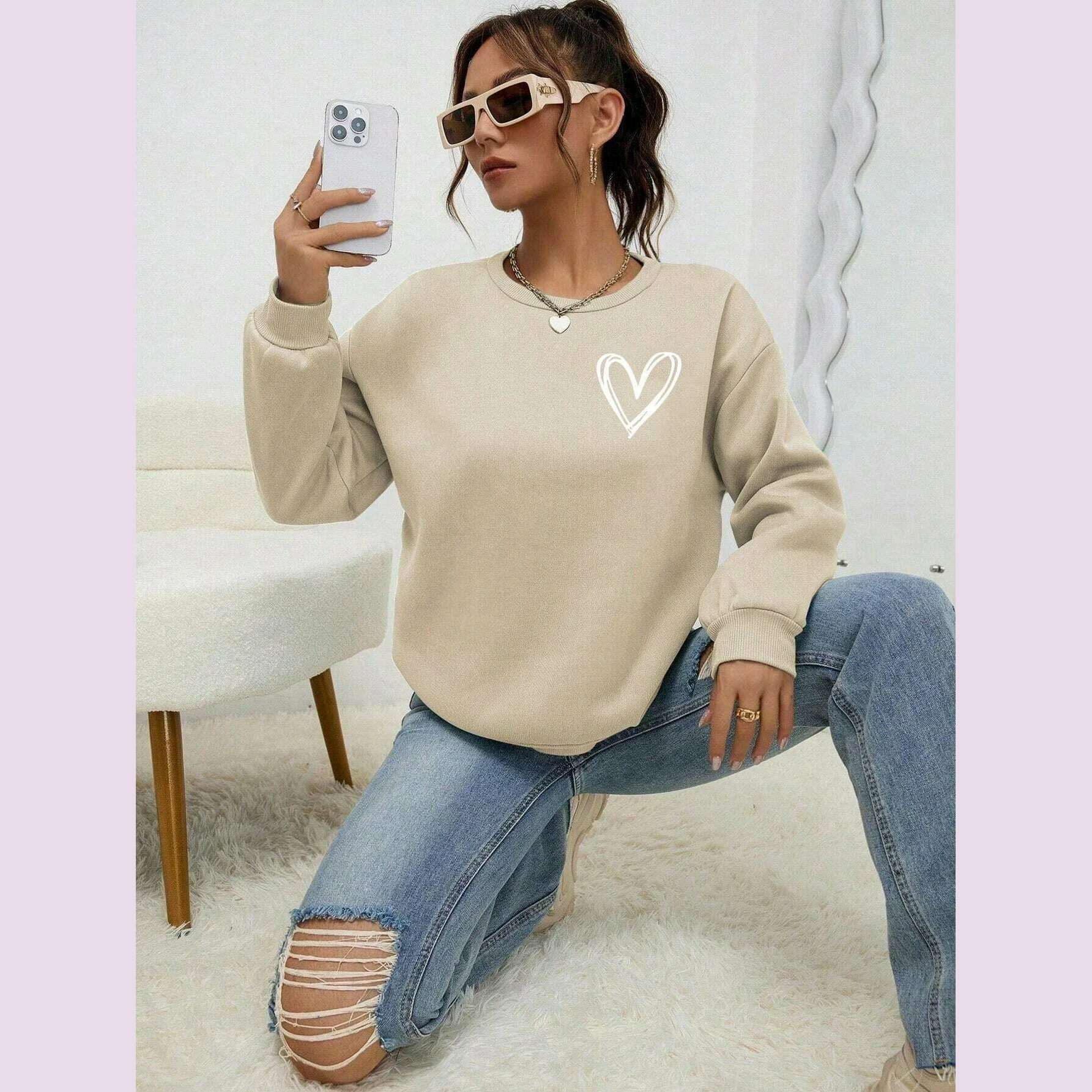 Simple Heart Pattern Printing Sweatshirts For Womens Casual Comfortable Crewneck Hoodies Loose Fleece Warm Sportswear Clothes - KIMLUD