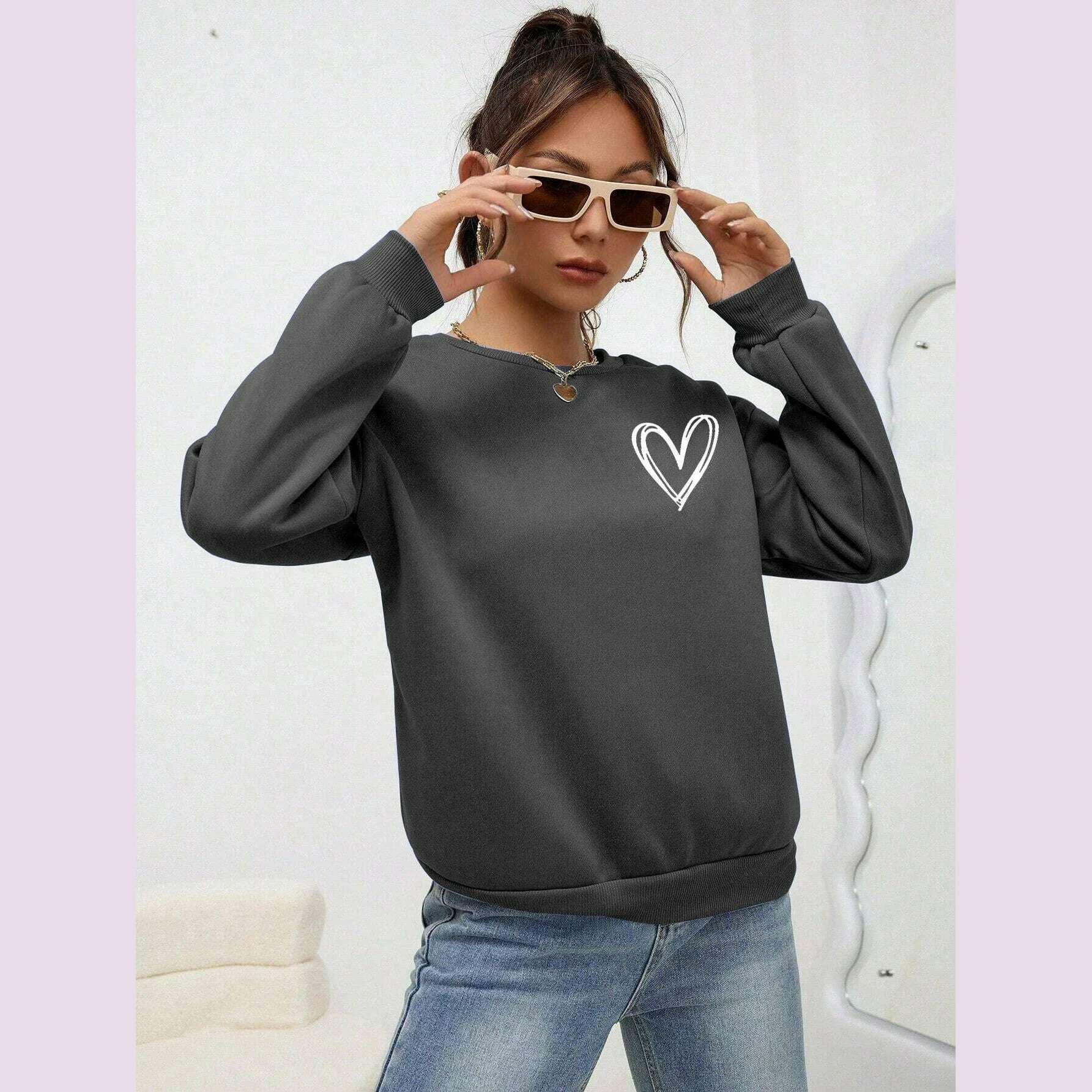 Simple Heart Pattern Printing Sweatshirts For Womens Casual Comfortable Crewneck Hoodies Loose Fleece Warm Sportswear Clothes - KIMLUD