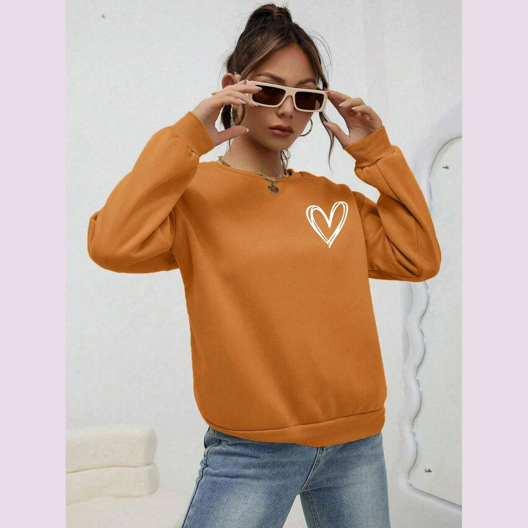 Simple Heart Pattern Printing Sweatshirts For Womens Casual Comfortable Crewneck Hoodies Loose Fleece Warm Sportswear Clothes - KIMLUD
