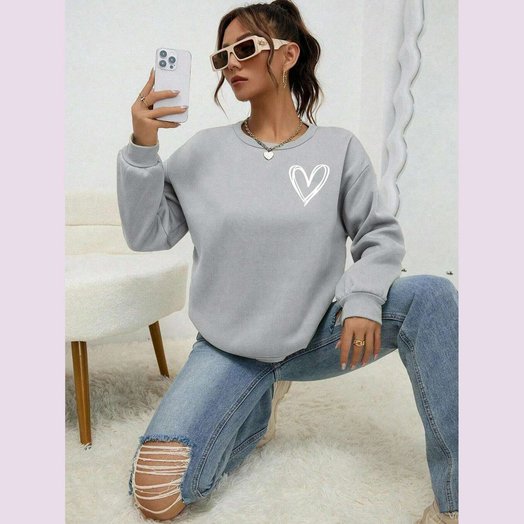 Simple Heart Pattern Printing Sweatshirts For Womens Casual Comfortable Crewneck Hoodies Loose Fleece Warm Sportswear Clothes - KIMLUD