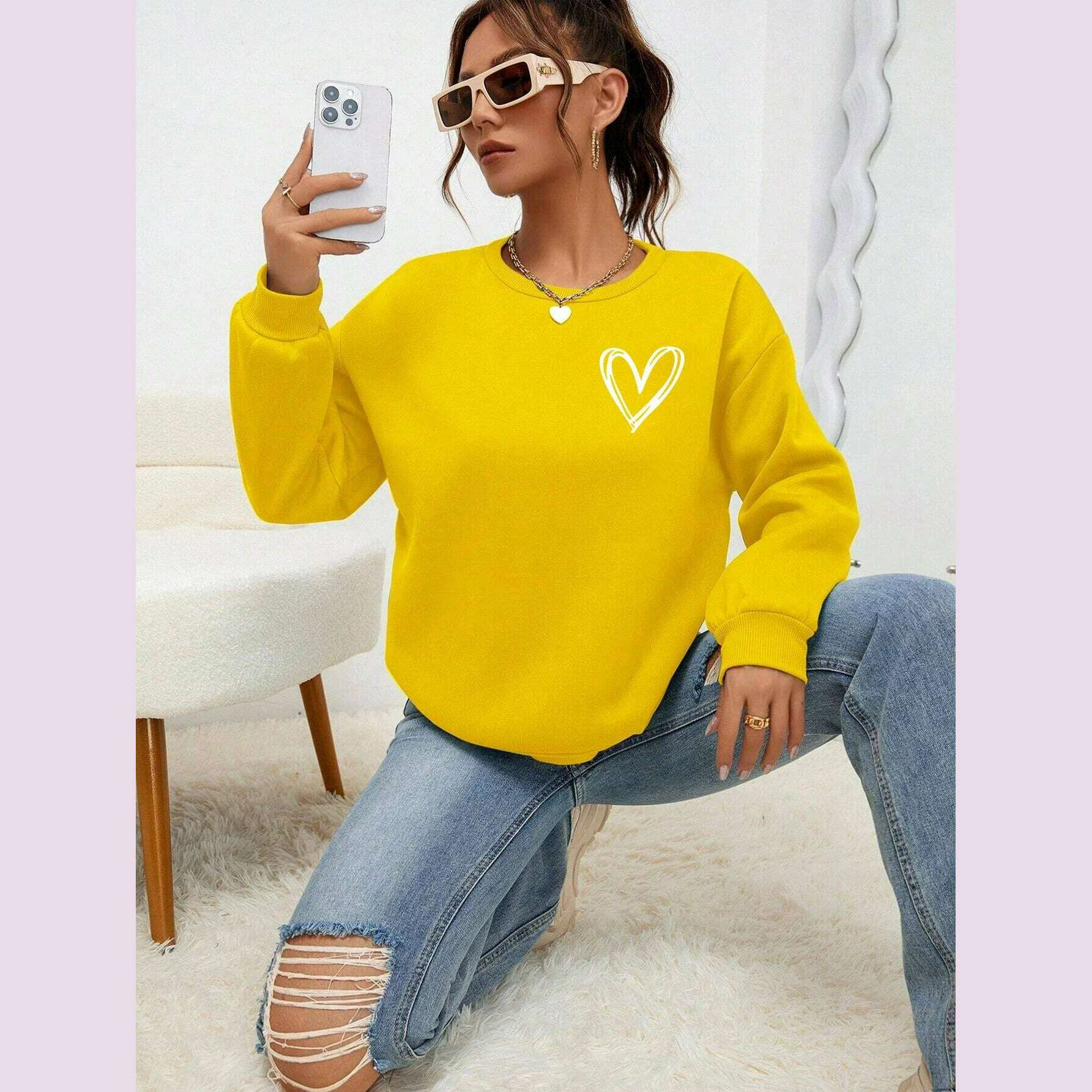 Simple Heart Pattern Printing Sweatshirts For Womens Casual Comfortable Crewneck Hoodies Loose Fleece Warm Sportswear Clothes - KIMLUD