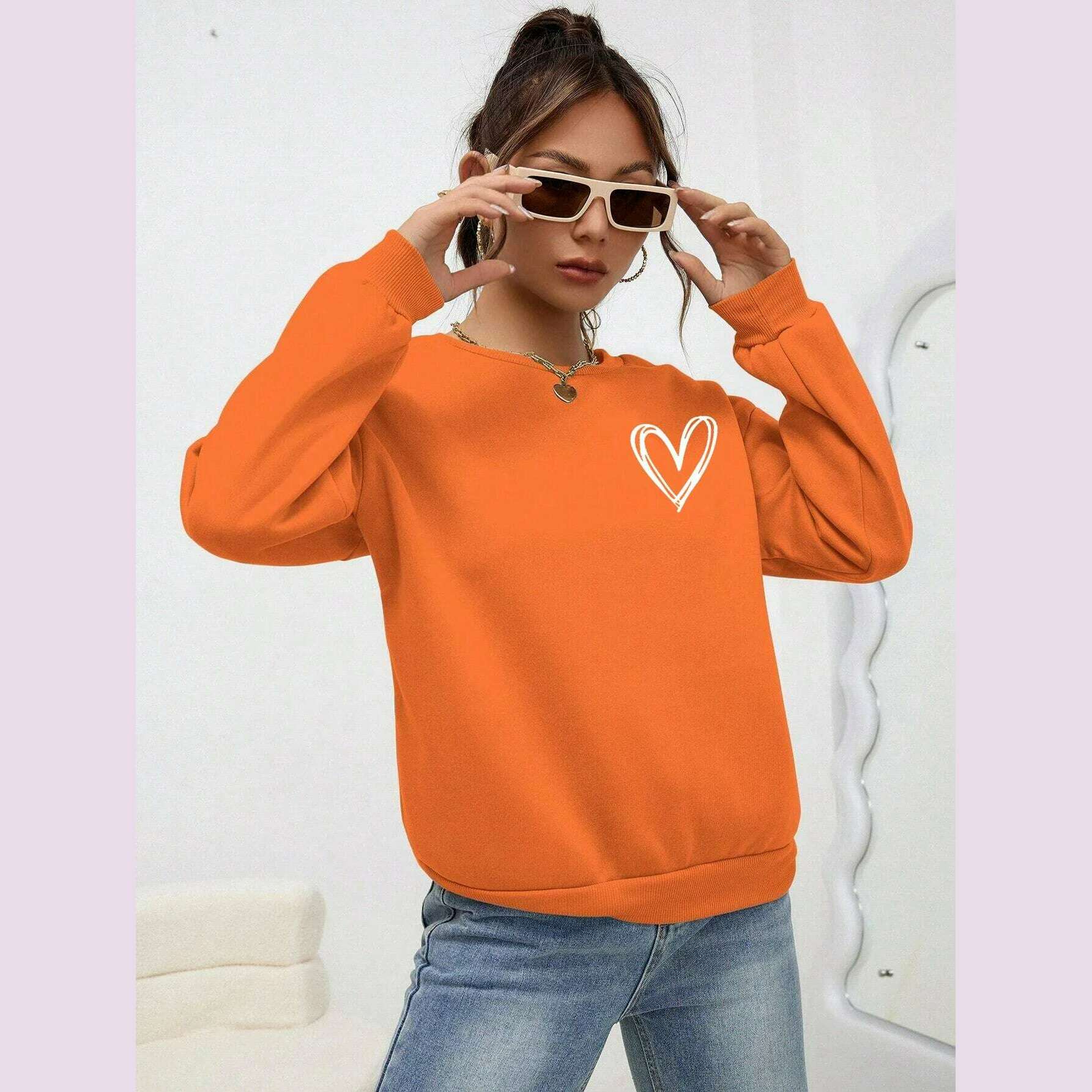 Simple Heart Pattern Printing Sweatshirts For Womens Casual Comfortable Crewneck Hoodies Loose Fleece Warm Sportswear Clothes - KIMLUD