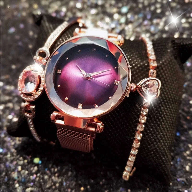 KIMLUD, Simple Ladies Watch Set Magnetic Mesh Band Crystal Fashion Watches Women Gifts Hot Sales Wristwatches reloj mujer montre femme, purple set, KIMLUD Women's Clothes