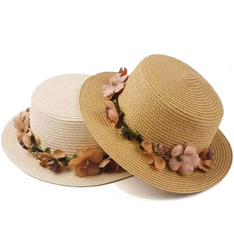 KIMLUD, Simple Parent-child Summer New Women's Sun Hat Bucket cap beige lace Bowknot Flowers Ribbon Flat top Straw Hat Beach Caps Panama, KIMLUD Womens Clothes