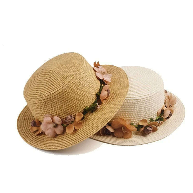 KIMLUD, Simple Parent-child Summer New Women's Sun Hat Bucket cap beige lace Bowknot Flowers Ribbon Flat top Straw Hat Beach Caps Panama, KIMLUD Womens Clothes