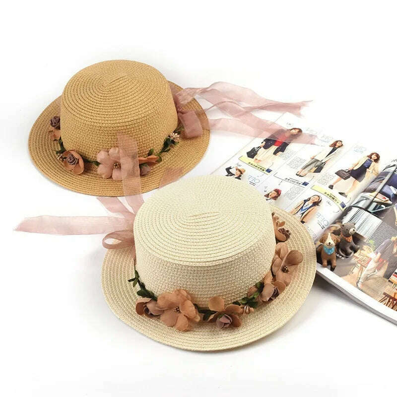 KIMLUD, Simple Parent-child Summer New Women's Sun Hat Bucket cap beige lace Bowknot Flowers Ribbon Flat top Straw Hat Beach Caps Panama, KIMLUD Womens Clothes