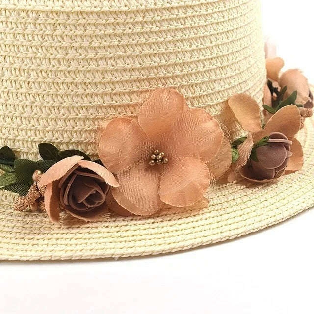 Simple Parent-child Summer New Women's Sun Hat Bucket cap beige lace Bowknot Flowers Ribbon Flat top Straw Hat Beach Caps Panama - KIMLUD