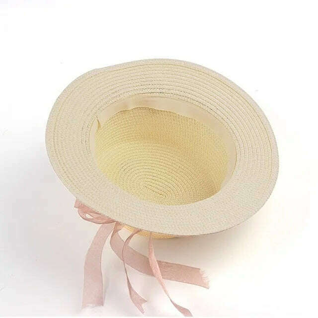 KIMLUD, Simple Parent-child Summer New Women's Sun Hat Bucket cap beige lace Bowknot Flowers Ribbon Flat top Straw Hat Beach Caps Panama, KIMLUD Womens Clothes