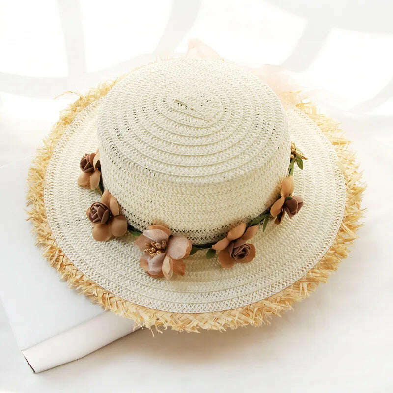 KIMLUD, Simple Parent-child Summer New Women's Sun Hat Bucket cap beige lace Bowknot Flowers Ribbon Flat top Straw Hat Beach Caps Panama, 03white / Child 52-54CM, KIMLUD Womens Clothes