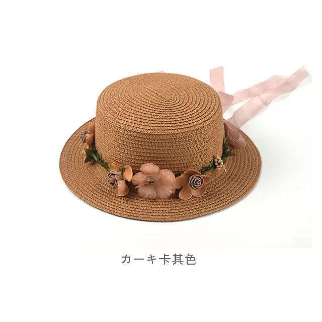 KIMLUD, Simple Parent-child Summer New Women's Sun Hat Bucket cap beige lace Bowknot Flowers Ribbon Flat top Straw Hat Beach Caps Panama, 02coffe / Women 56-58Cm, KIMLUD Womens Clothes