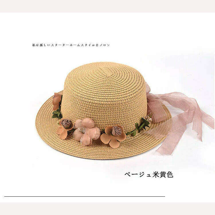 KIMLUD, Simple Parent-child Summer New Women's Sun Hat Bucket cap beige lace Bowknot Flowers Ribbon Flat top Straw Hat Beach Caps Panama, 02khaki / Women 56-58Cm, KIMLUD Womens Clothes