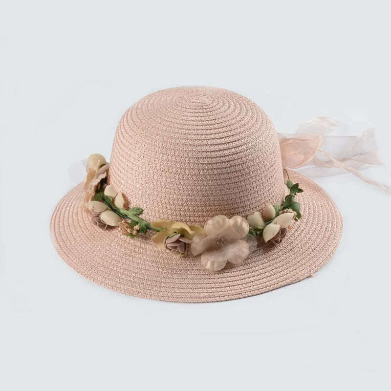 KIMLUD, Simple Parent-child Summer New Women's Sun Hat Bucket cap beige lace Bowknot Flowers Ribbon Flat top Straw Hat Beach Caps Panama, 01pink / Women 56-58Cm, KIMLUD Womens Clothes
