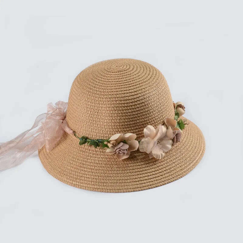 KIMLUD, Simple Parent-child Summer New Women's Sun Hat Bucket cap beige lace Bowknot Flowers Ribbon Flat top Straw Hat Beach Caps Panama, 01khaki / Women 56-58Cm, KIMLUD Womens Clothes