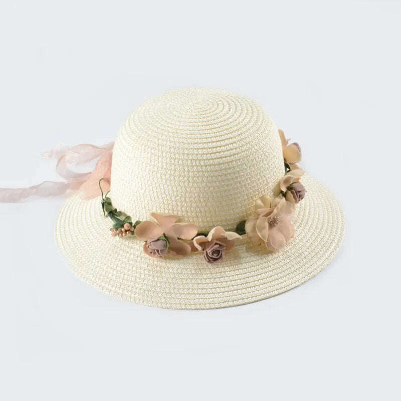 KIMLUD, Simple Parent-child Summer New Women's Sun Hat Bucket cap beige lace Bowknot Flowers Ribbon Flat top Straw Hat Beach Caps Panama, 01white / Women 56-58Cm, KIMLUD Womens Clothes
