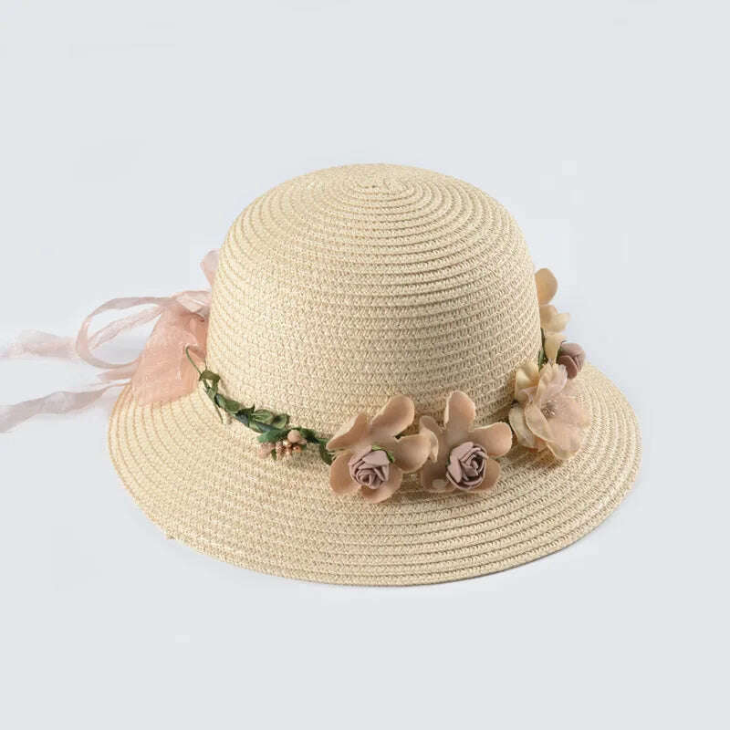 KIMLUD, Simple Parent-child Summer New Women's Sun Hat Bucket cap beige lace Bowknot Flowers Ribbon Flat top Straw Hat Beach Caps Panama, 01beige / Women 56-58Cm, KIMLUD Womens Clothes