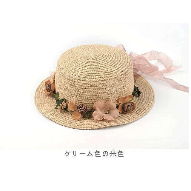 KIMLUD, Simple Parent-child Summer New Women's Sun Hat Bucket cap beige lace Bowknot Flowers Ribbon Flat top Straw Hat Beach Caps Panama, 02beige / Women 56-58Cm, KIMLUD Womens Clothes