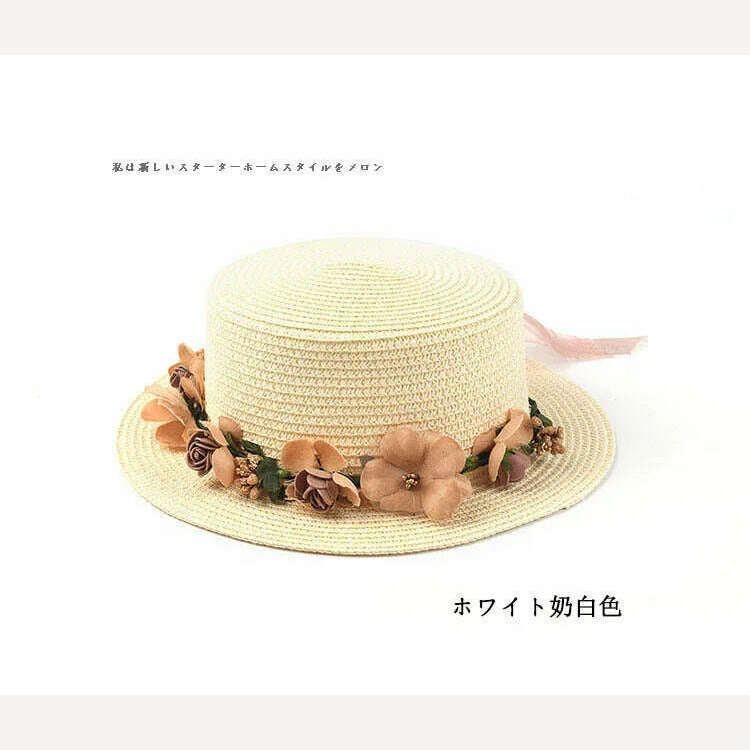 Simple Parent-child Summer New Women's Sun Hat Bucket cap beige lace Bowknot Flowers Ribbon Flat top Straw Hat Beach Caps Panama - KIMLUD