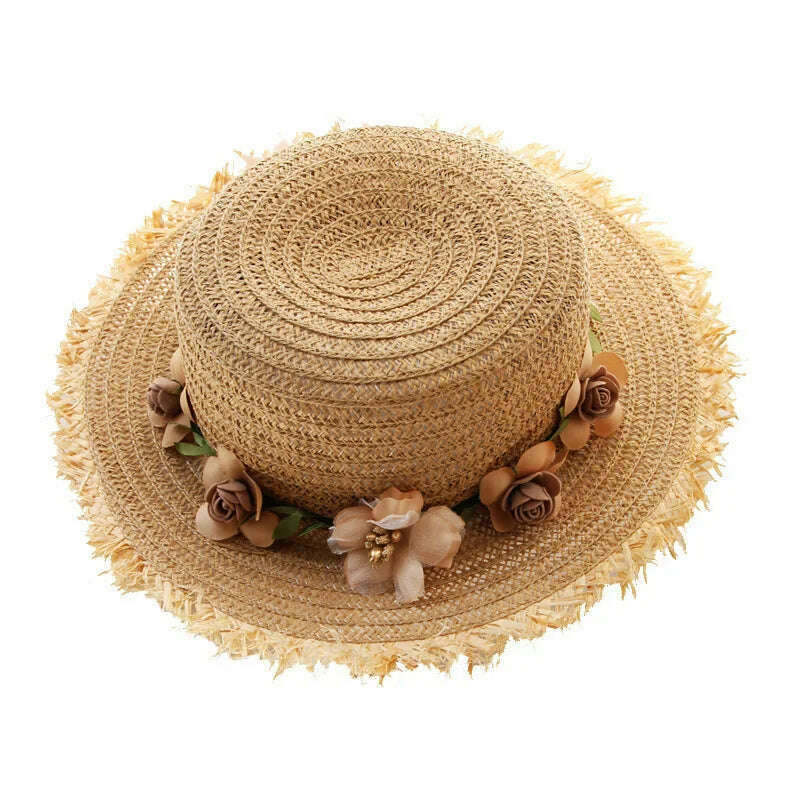 KIMLUD, Simple Parent-child Summer New Women's Sun Hat Bucket cap beige lace Bowknot Flowers Ribbon Flat top Straw Hat Beach Caps Panama, 03khaki / Women 56-58Cm, KIMLUD Womens Clothes