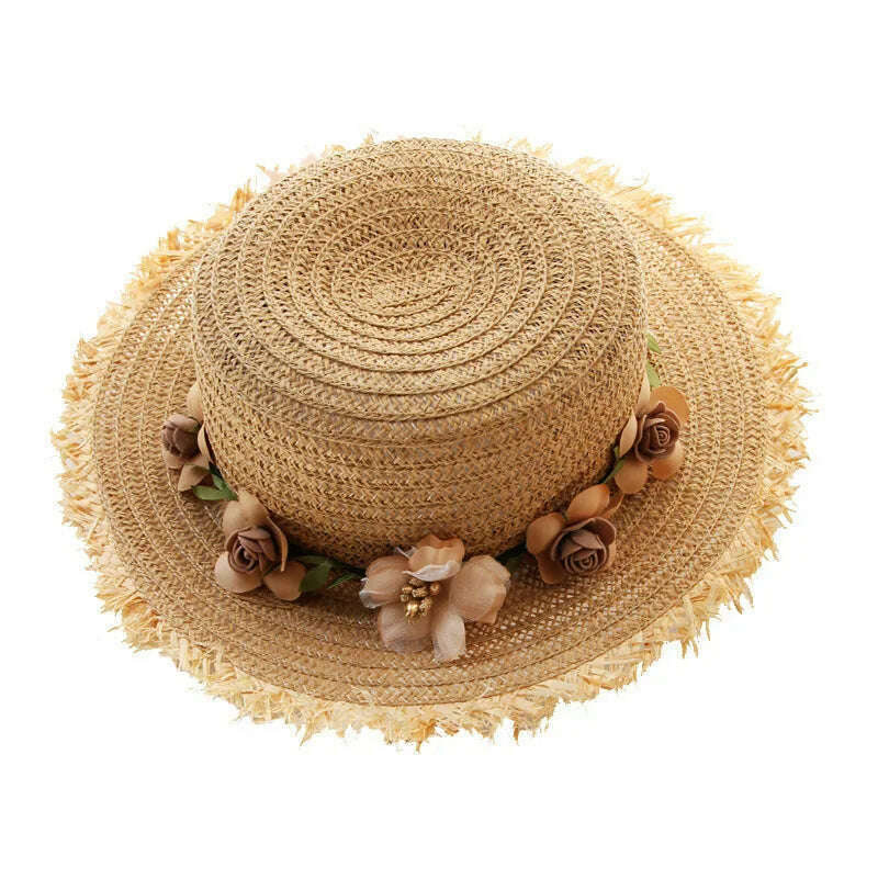 Simple Parent-child Summer New Women's Sun Hat Bucket cap beige lace Bowknot Flowers Ribbon Flat top Straw Hat Beach Caps Panama - KIMLUD