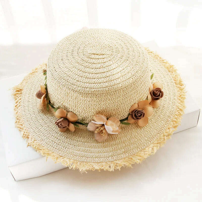 KIMLUD, Simple Parent-child Summer New Women's Sun Hat Bucket cap beige lace Bowknot Flowers Ribbon Flat top Straw Hat Beach Caps Panama, 03beige / Women 56-58Cm, KIMLUD Womens Clothes